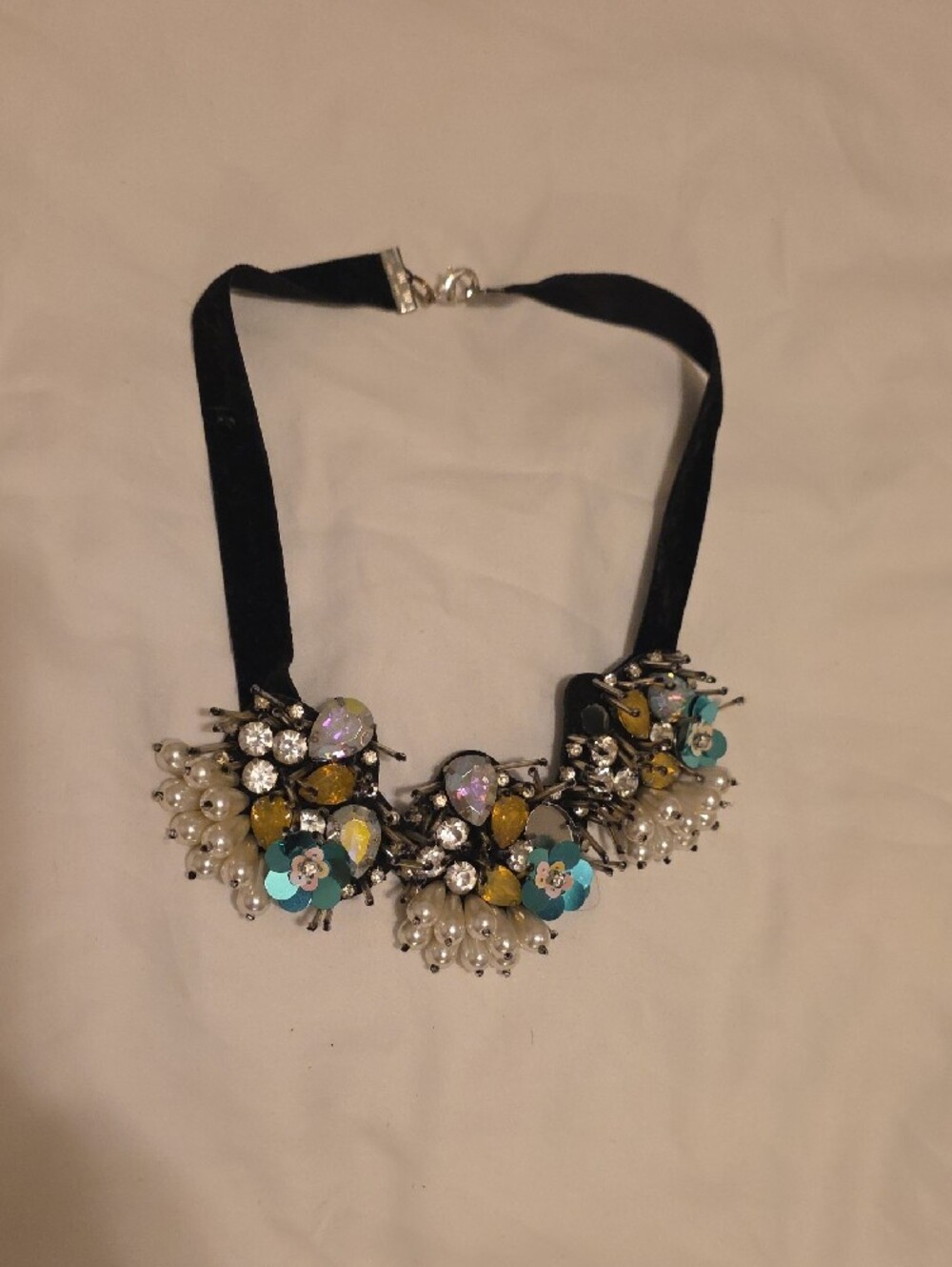 Topshop Statement Floral Crystal Necklace in Black with Aqua Accents
